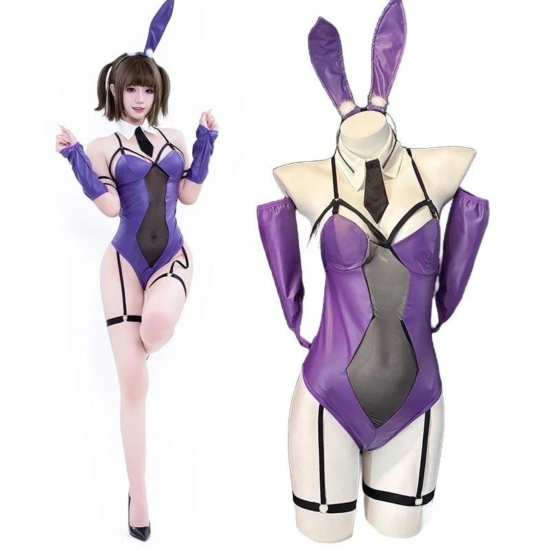 Cute Sexy Anime Bunny Girl Costumes Women Leather Mesh Purple Bodysuit School Girl Underwear Nightdress Outfit Halloween Clothes