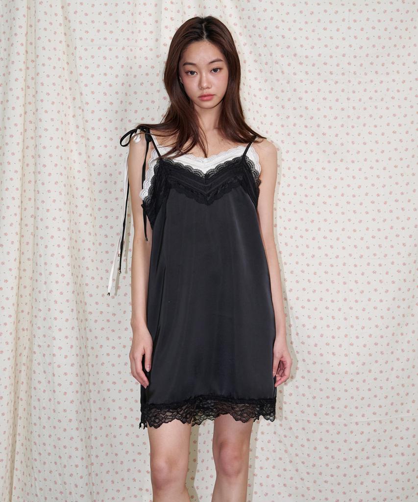 Opening Sunshine Ribbon Shoulder Satin Lace Mini Dress Black