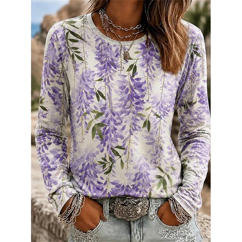 2026 Herbst Neues Damen Langarm Rundhals Lässiges T-Shirt mit Buntem Blumendruck Pflanzenelementen Outdoor Chic Top
