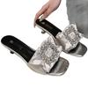 Factory Direct Sales 2025 Summer Fairy Style Slippers Fashion Medium Heel Square Head One-word Drag with Skirt Casual Cool Slippers