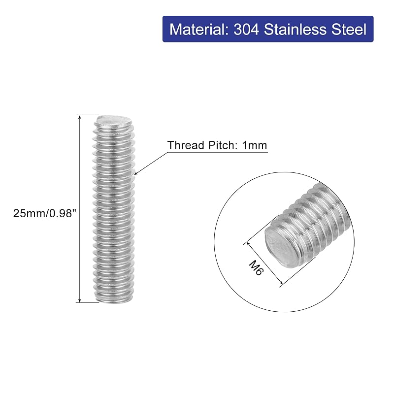 uxcell Fully Threaded M6 Rod Stud Bolt, Long Thread, 25mm Length, 1mm Pitch, 304 Stainless Steel, Right-Hand Thread, Set of 4