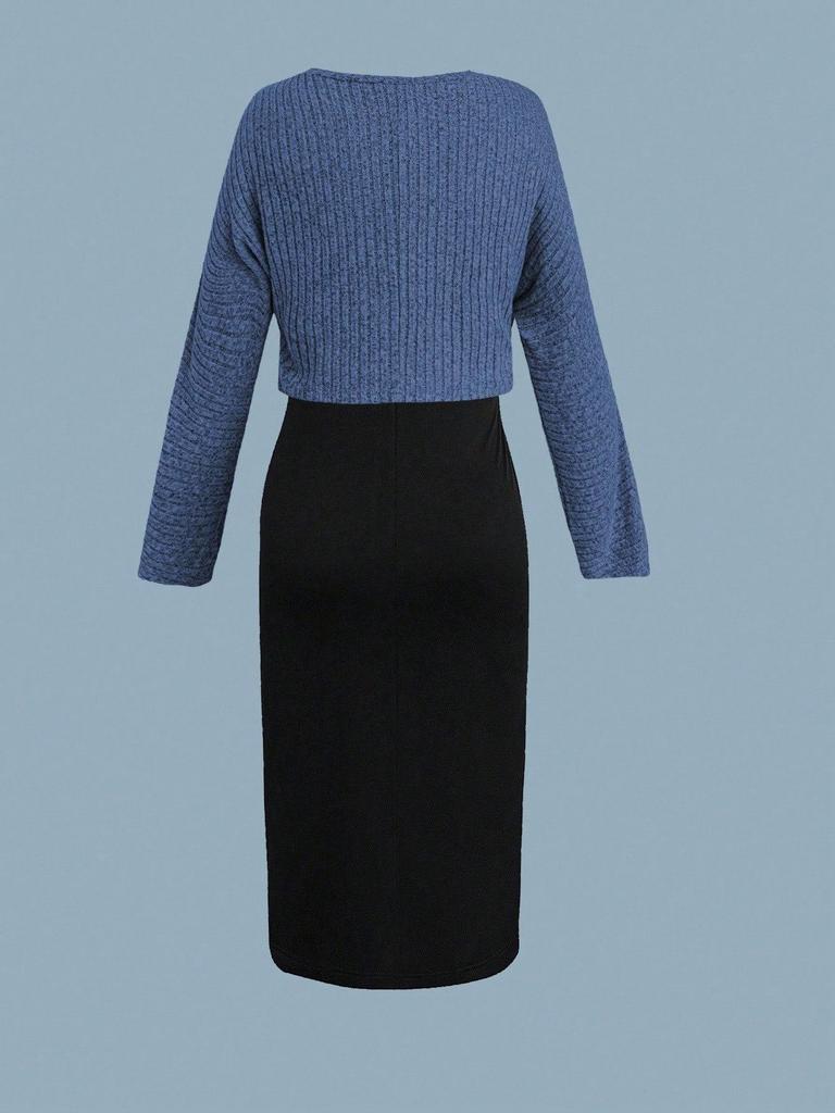 Plus Size Women's Knit Cardigan & Split Camisole Dress Set - Korean Style Autumn/Winter