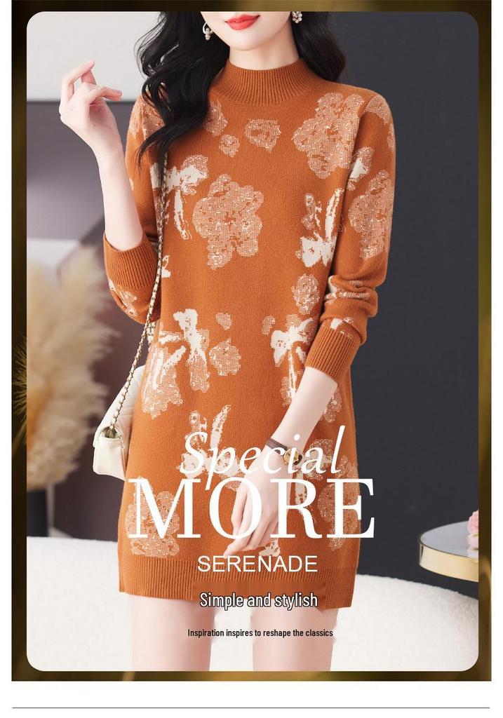 Hengyuanxiang Thickened Medium-Length Sweater Dress - Semi-High Neck, Hip-Covering Base Layer for Autumn/Winter.