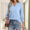 Women Black V Neck 3/4 Puff Sleeve Top Casual Loose Fit Solid Color Blouse Elegant Commute Tunic Shirt