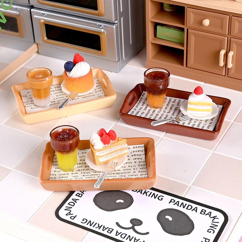 Miniature Dollhouse Decor Mini Milk Tea Cake With Plate For Kid Pretend Play Toys