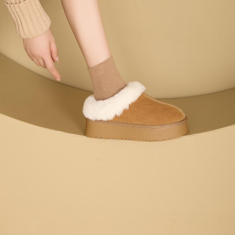 Small Size Leather Snow Boots Women's 2025 Autumn Thick-soled Non-slip One-pedal Real Hairy Short Boots Casual Snow Cotton