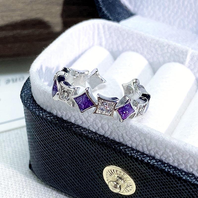 Exquisite Purple Enamel Zircon Four-Pointed Star Love Opening Ring Niche Stacking Wearing Colored Treasure High-Sense Ring