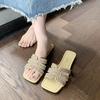 Rhinestone Flat Bottom Fashion Square Head One-Word Slippers Spring and Summer New Niche Casual Ladies Large Size Lightweight Cool Slippers