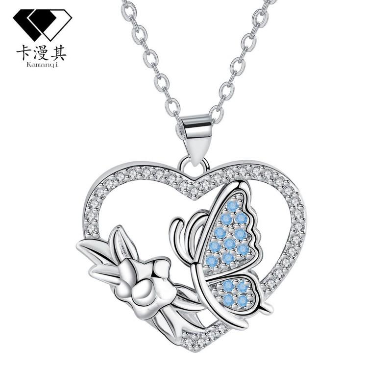 Womens Heart Shape Butterfly Pendant Necklace Tone Cross Chain Fashion Casual Chic Jewelry Silver