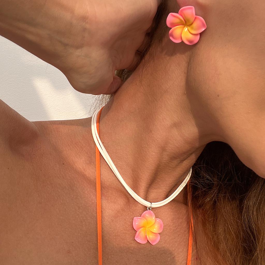 Dopamine Plumeria Pendant Necklace Set Sweet Three-Dimensional Flower Korean Velvet Collarbone Chain