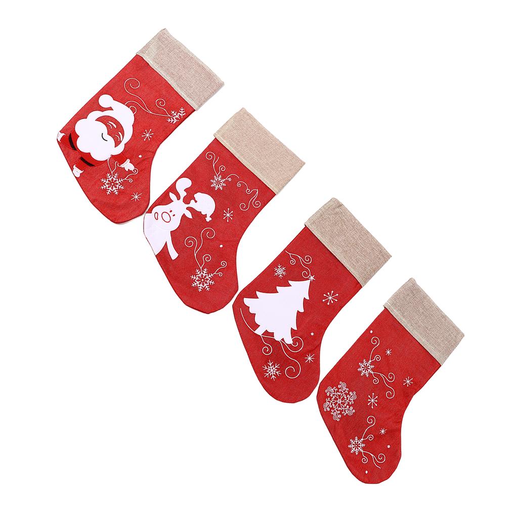 Christmas Stocking Decorative Cartoon Pattern Cuff Stocking Ornament for Tree Stairs Fireplace Red 4pcs