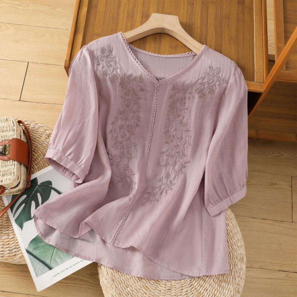 Womens Spring Tops Embroidered Loose Fit Blouse Summer Shirts for Women Casual Style Womens Summer Shirts Dressy Tops for Women