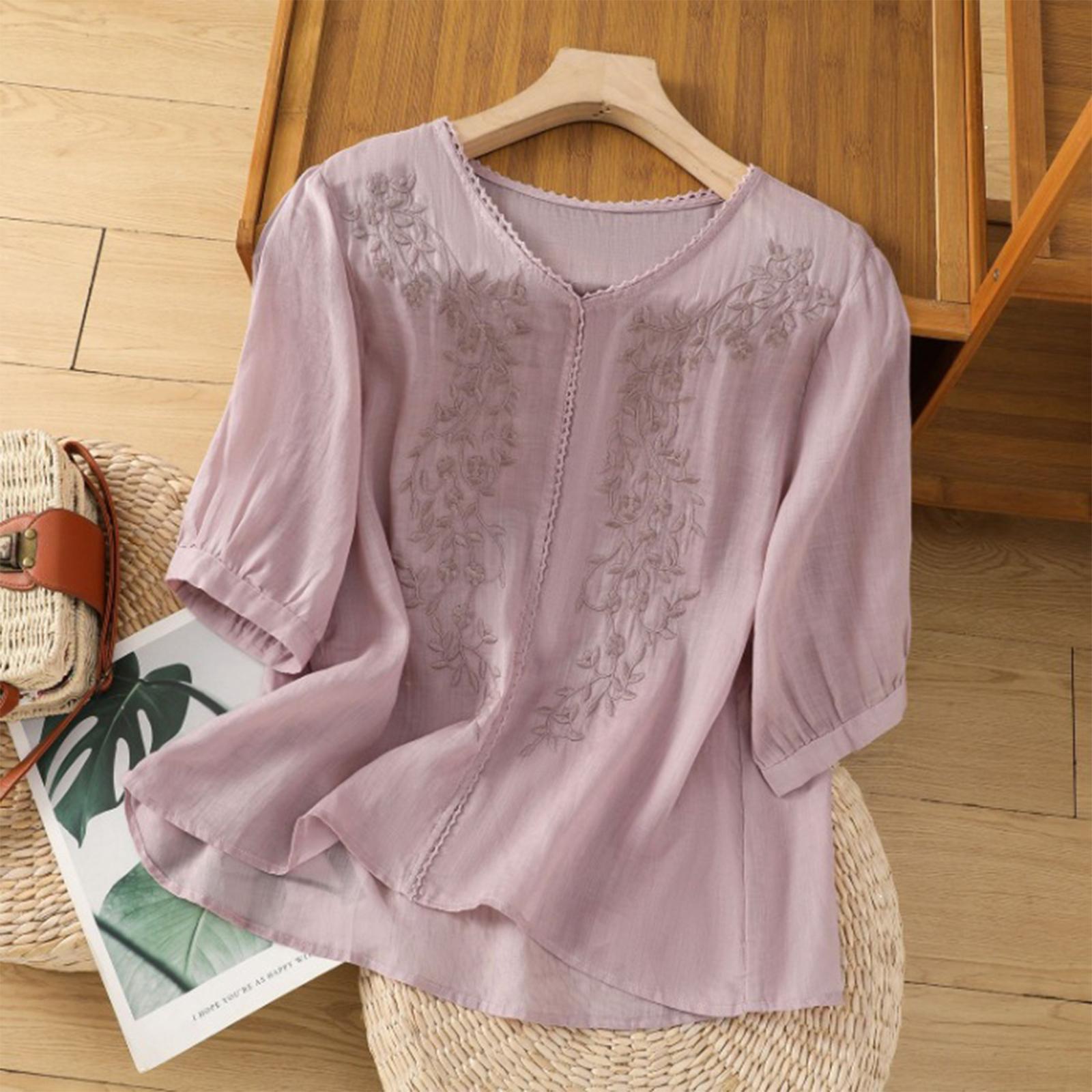 Women s Casual Fashion Pullover Short Sleeve Round Neck Embroidered Shirt Top XL