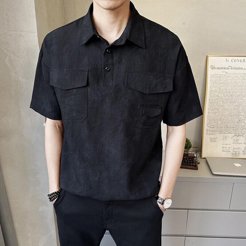 

Men s Black Pocket Short Sleeve Shirt Casual Loose Fit Summer Casual Button Down Shirt Fashion Daily Top S чёрный