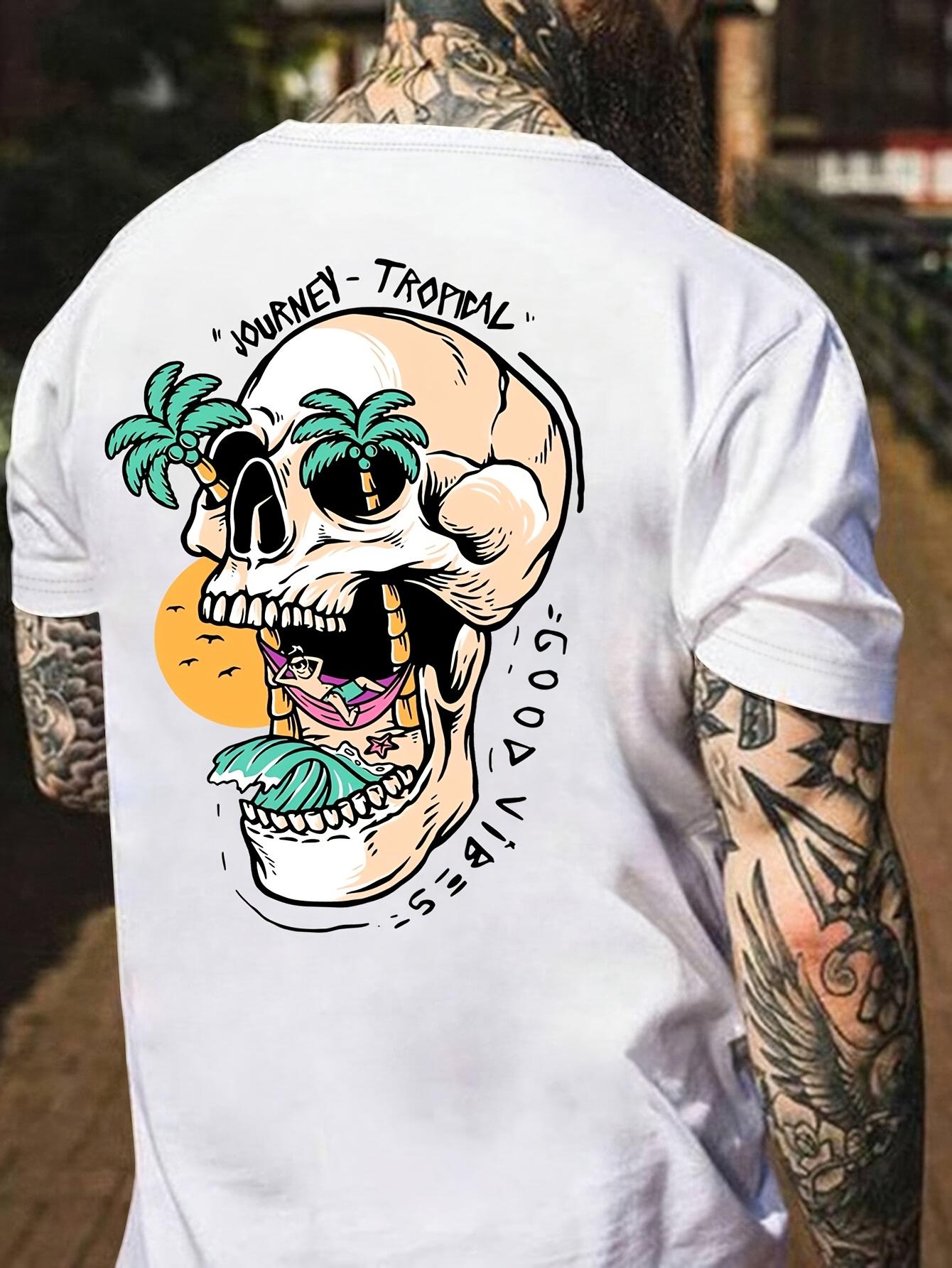 180gsm Heavyweight 100% T-Shirt - Tropical Skull Graphic Print, Regular Fit Casual & Sporty Summer Tee for Outdoor Activities, Breathable 4XL