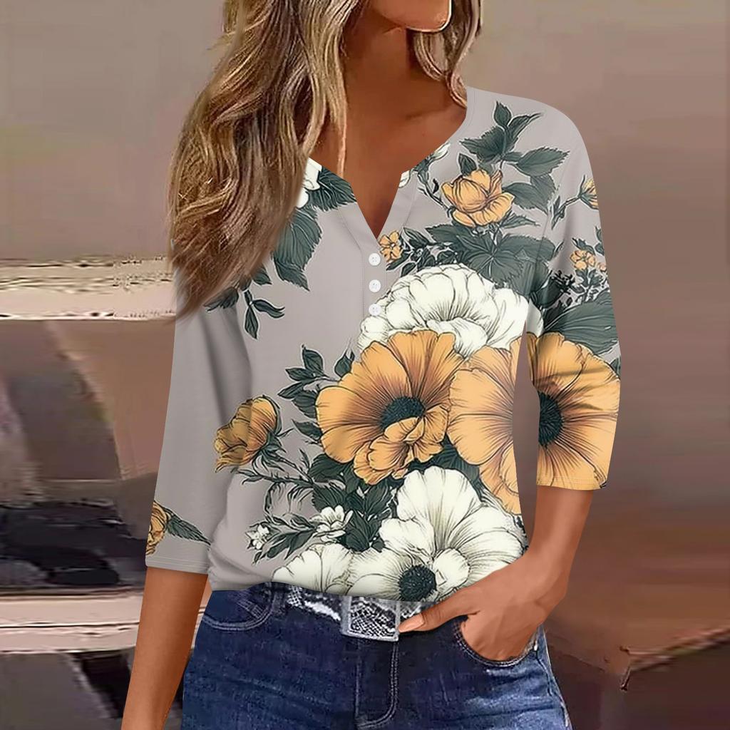 Damemote Uformelt blomstertrykk V-hals dekorativ knapp med trekvart ermet T-skjorte