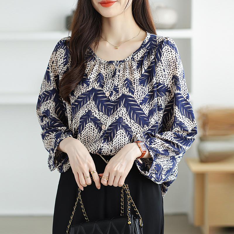 Fashion Elegant Casual Loose Chiffon Shirts Women Long Sleeve Tops Plus Size Women's Blouses Round Neck Slim Vintage Print Shirt Woman Clothing 26340