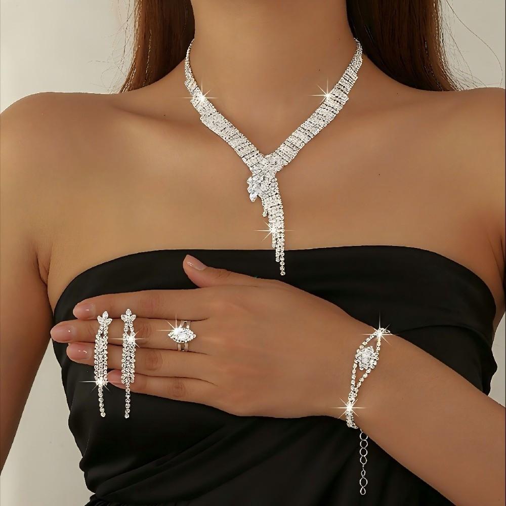 Elegant Necklace Earrings Bracelet Set Sparkling Crystal Wedding Ornaments Festival