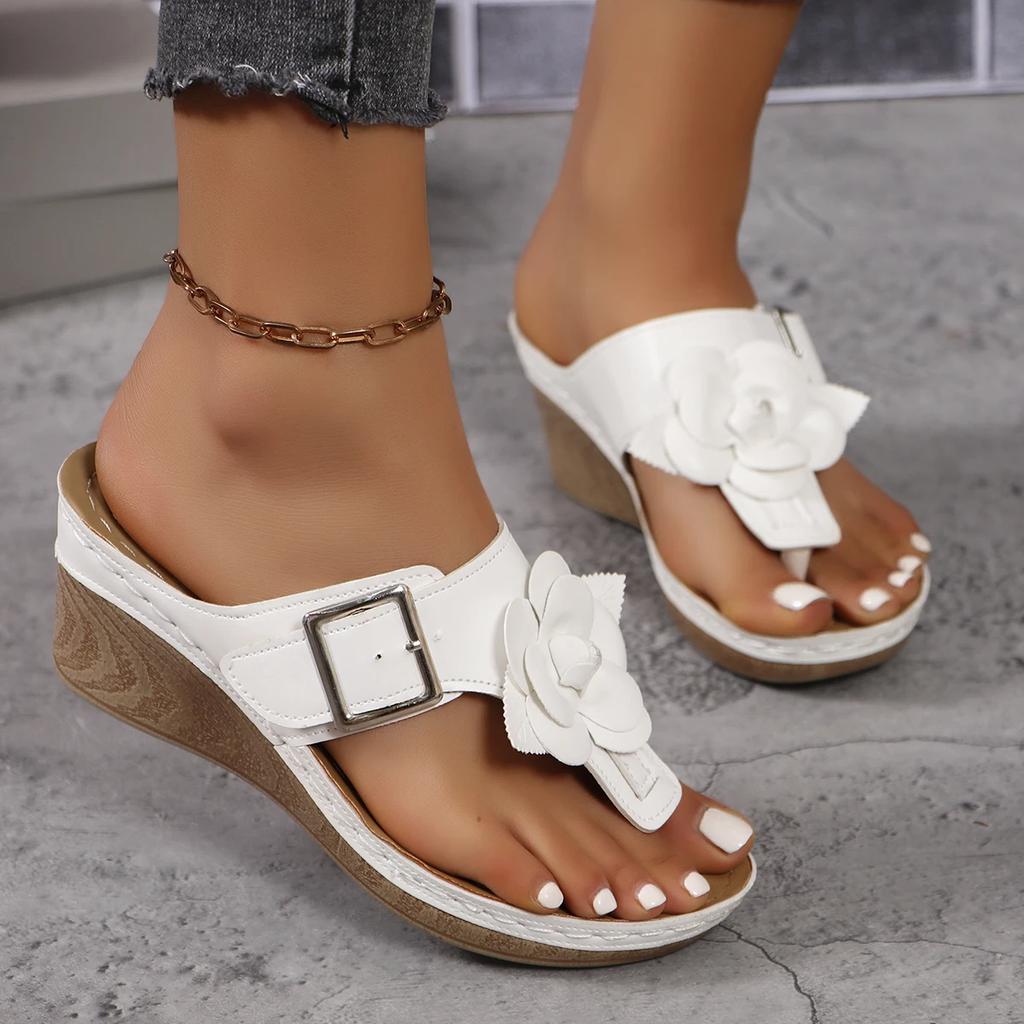 Fashion Women Slippers New Floral Beach Flip-Flops Comfy Slip-On Wedge Slippers Summer Platform Slides Women Versatile Outdoor Sandals