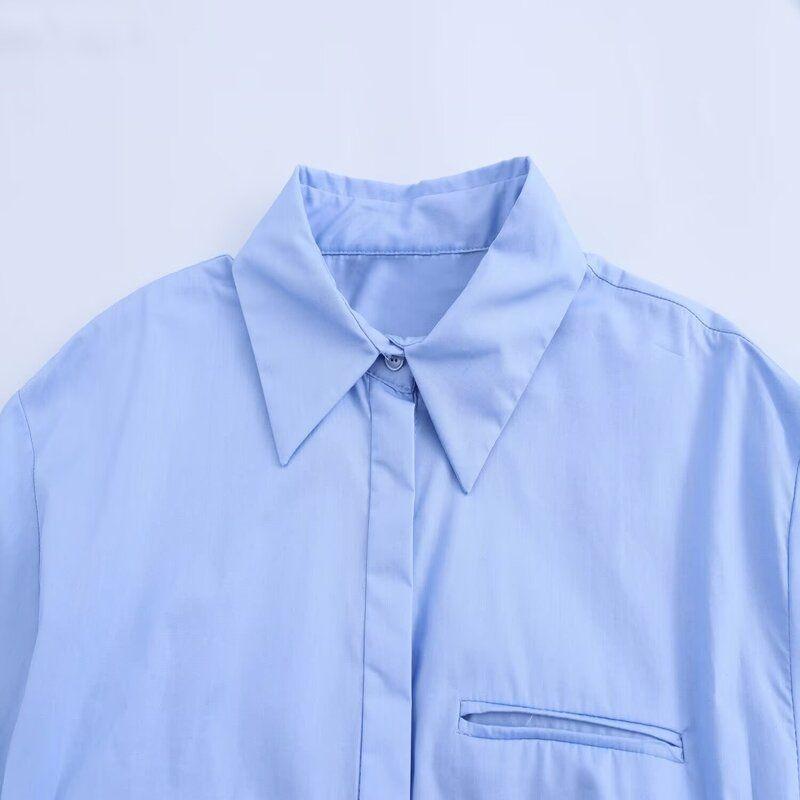 Fashion Style 2024 Autumn New Women's Cotton Open Back with Belt Poplin Long Sleeves Shirt 8400260