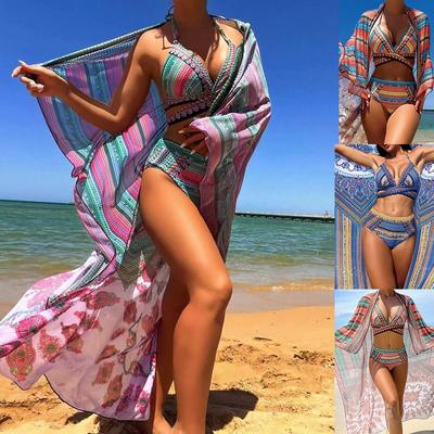 [Europäischer und Amerikanischer Retro Urlaubs Badeanzug Damen] Muster Geteilter Bikini Lange Bluse Dreiteiliger Badeanzug