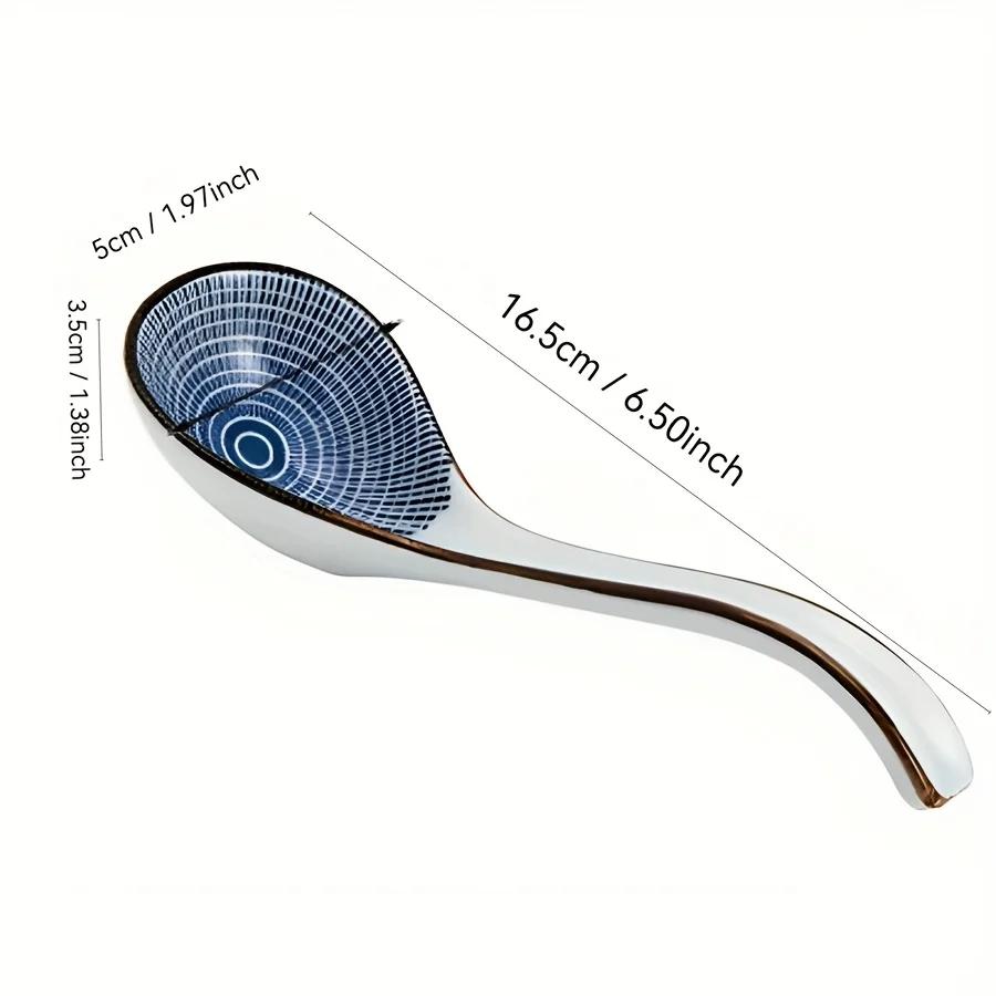 Ceramic Spoons, Long Handle, Easy To Grip, Non-slip Bottom, Suitable for Japanese Ramen, Chinese-Vietnamese Wonton, Noodle Spoon