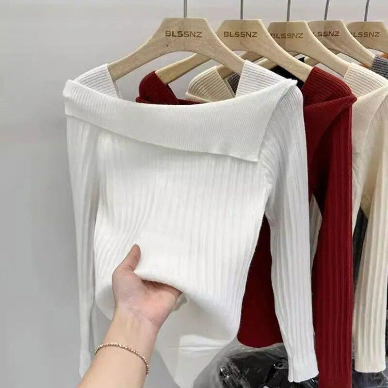 Khaki Slash Neck Pullover Schlank Hotsweet frauen Stricken Pullover Dünne Bodenbildung Shirt Solide Büro Dame Neue Mode Frühling Herbst