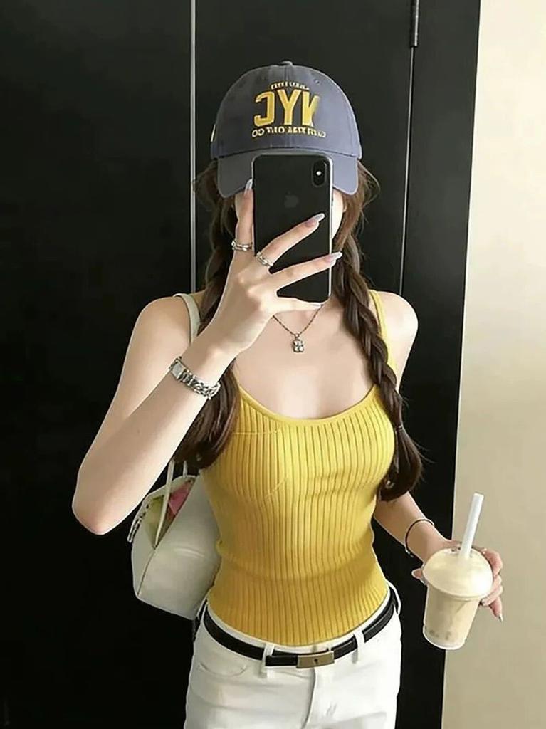 Pure desire sexy pocket decorative suspenders knitted vest summer waist thin chic fashion commuter versatile top