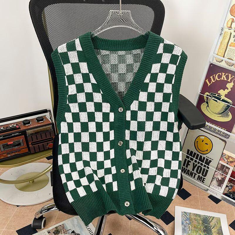 

Women s Checkered V-Neck Knit Cardigan - Korean Style Spring/Autumn Outerwear 2024 XL зелений