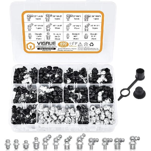 VIGRUE Grease Fittings, 245 Pieces SAE & Metric Grease Fitting Assortment Kit, Standard Grease Fittings Grease Zerks, Straight and Angled Perfect for
