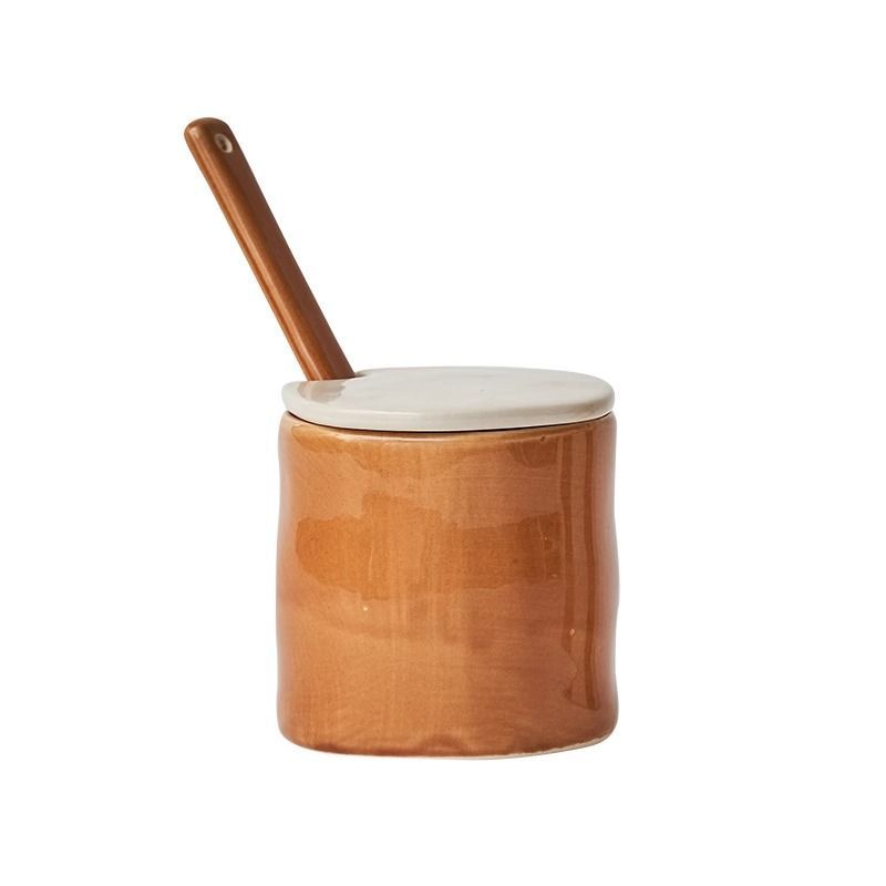 Vintage Ceramic Striped Hand Painted Spice Jars Set with Spoon Kitchen Storage Containers