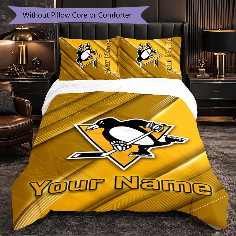 Pittsburgh Penguins Customized Name Text Bedding Set, 1 Duvet Cover & 2 Pillowcases Personalized Bedroom Gift