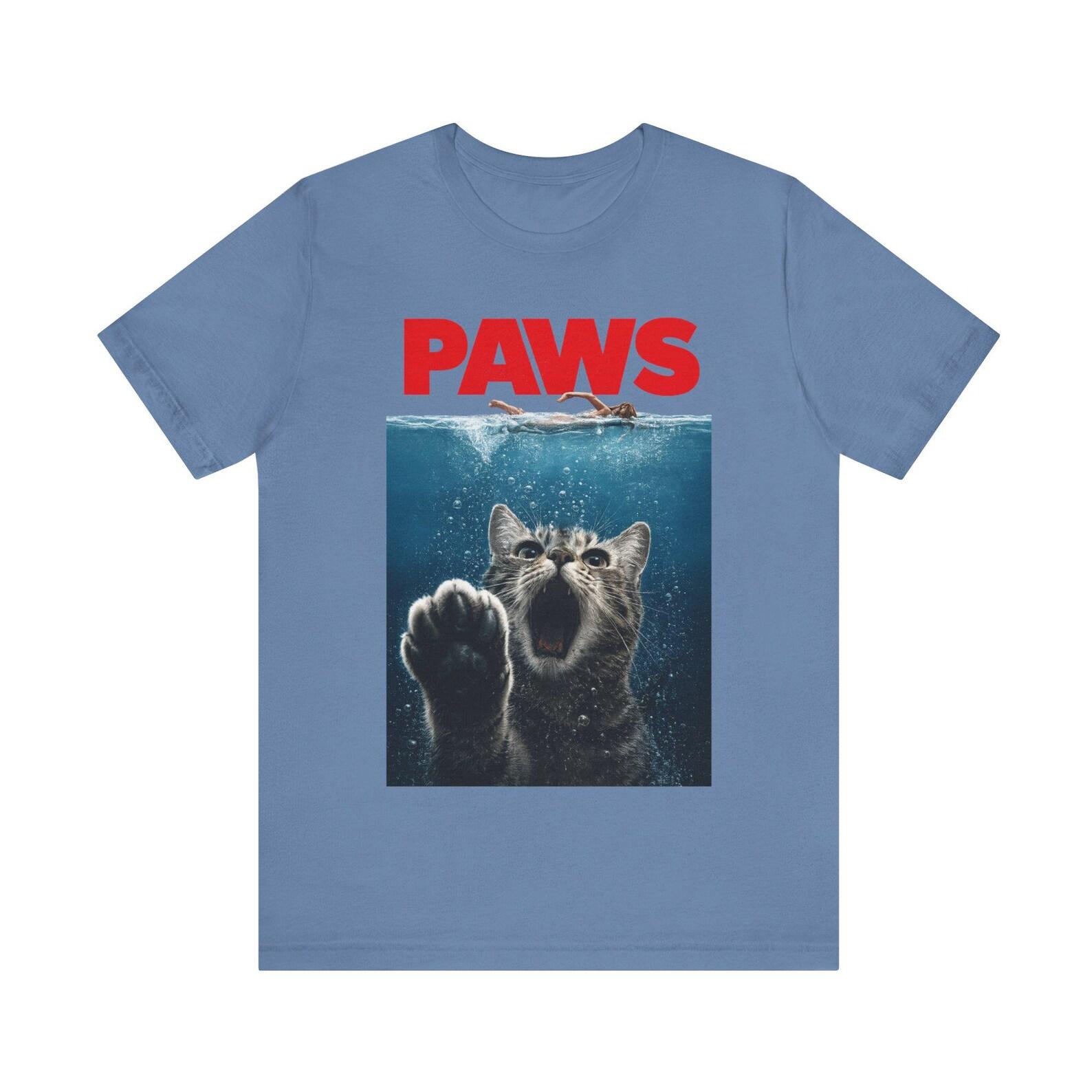 Funny Cat Shark Parody Shirt, Paws Movie Meme T-Shirt, Retro Cat Graphic Tee, Cute Funny Cat Lover GifT-Shirt 4XL