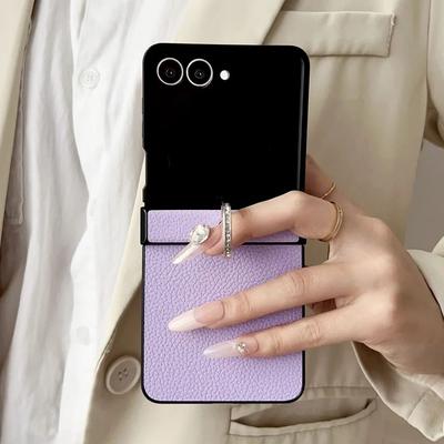 Lychee Pattern Leather Metal Finger Ring Holder Stand Case For Samsung Z Flip 7 6 5 4 3 Diamond Grip Buckle Bracket Cover