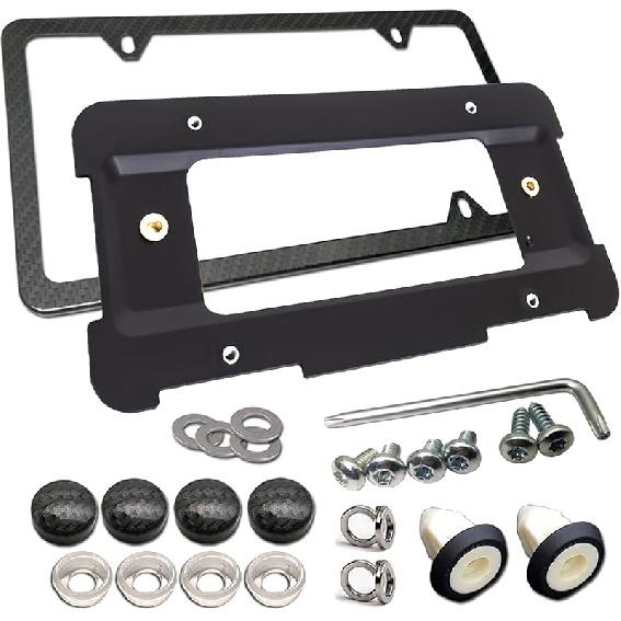 Aootf Front License Plate Bracket- Universal Bumper Mounting Kit, Car Tag Holder Adapter & Black Aluminum Plate Cover, Anti-Theft Lock Screw Bolt