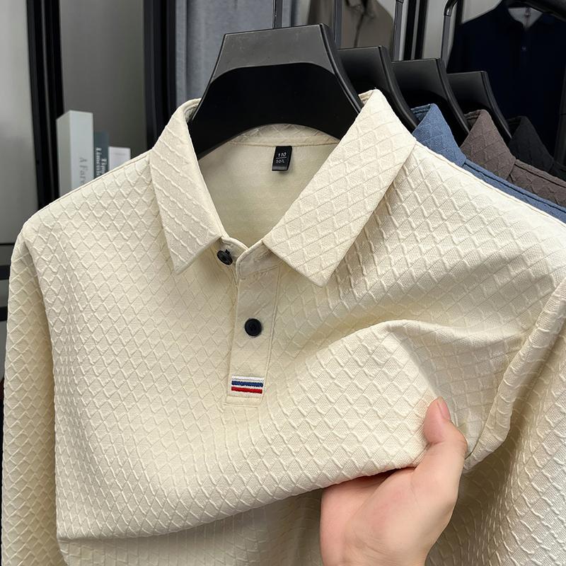 

High Quality Fashion Long Sleeve Polo Shirt Men S Autumn New Brand Striped Jacquard Design Korean Casual Luxury Lapel T-Shirt M бежевый