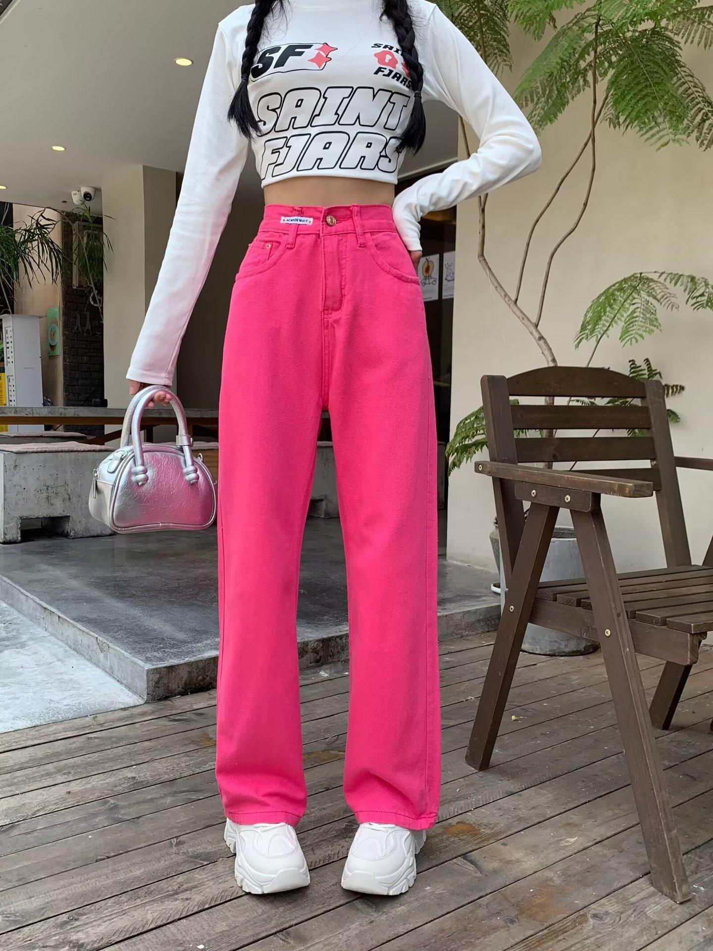 

Женские летние джинсы с широкими штанинами и высокой посадкой - Прямые, Свободные, Длиной в пол 3XL розы красного