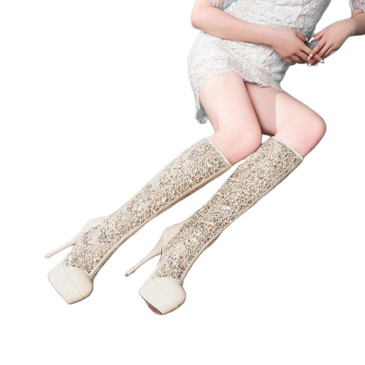 European station cool boots lace hollow net boots women's waterproof table stiletto fashion boots women's heel knight boots boots women's