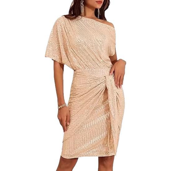 Shiny Sequin Trim One-Shoulder Beaded Mesh Formal Dress for Women