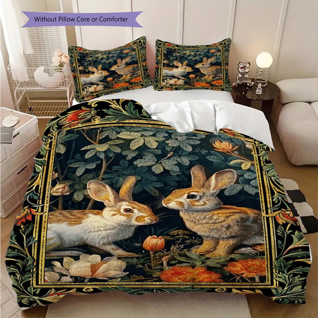 William Morris' Pastoral Flower Rabbit Bettwäsche, Bettbezug, Kissenbezug, Heimdekoration, Geburtstagsgeschenk (1 * Bettbezug+2 * Kissenbezug, ohne Füllung)