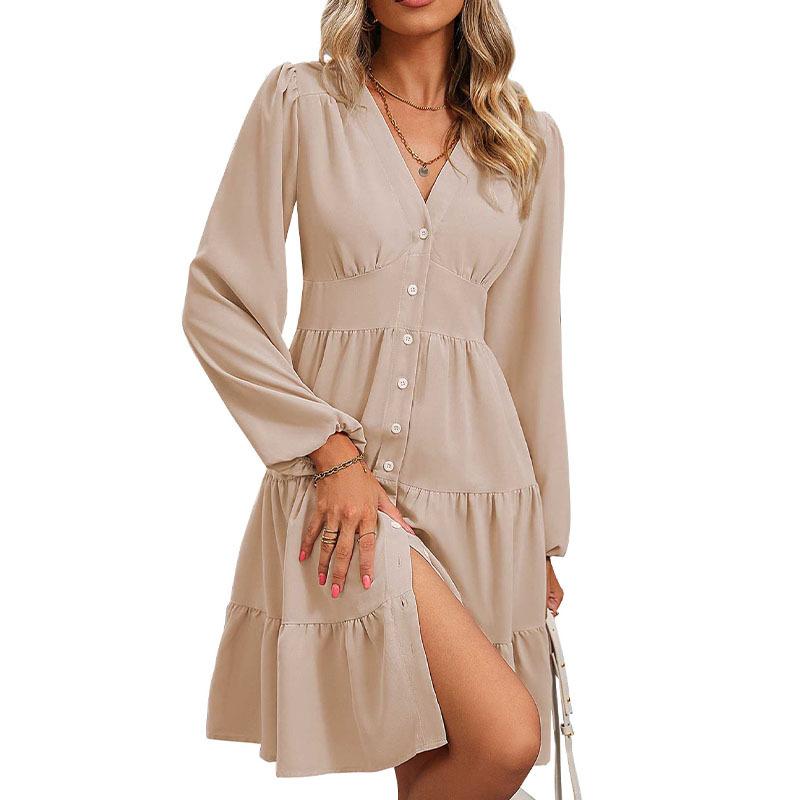 2025 New Spring and Autumn Versatile Commuter Elegant Solid Color Lotus Leaf Slim Dress