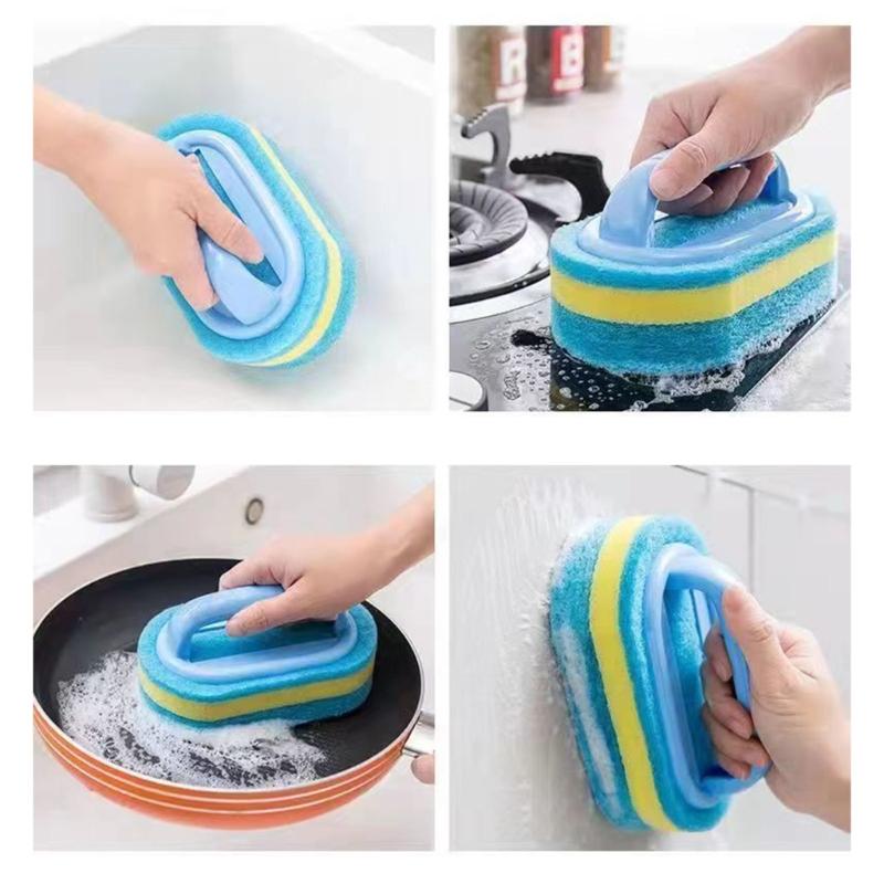 2pcs Handle Sponge Cleaning Brush Stains on Wall Floors and Tiles in Kitchen or Bathroom Household