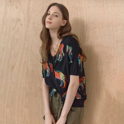 ViVid Print V Neck Short sleeVe Knit Cardigan Zc08qd008on