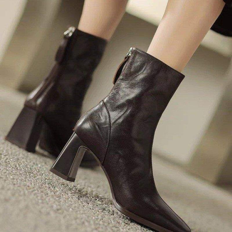 Retro fashion square head thick heel short boots women's 2025 autumn and winter new soft leather high heel versatile thin Martin boots