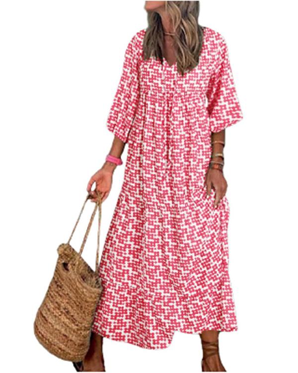 2023 Autumn New Independent Station Hot-selling Geometric Printing Bubble Sleeve Dress Street Fried Street Large Size Women's Clothing