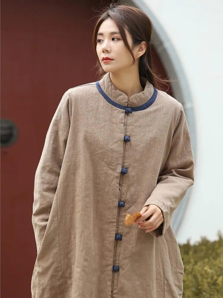 Johnature Women Vintage Ramie Parkas Stand Long Sleeve Button Chinese Style Winter Coats Loose Women Warm Parkas