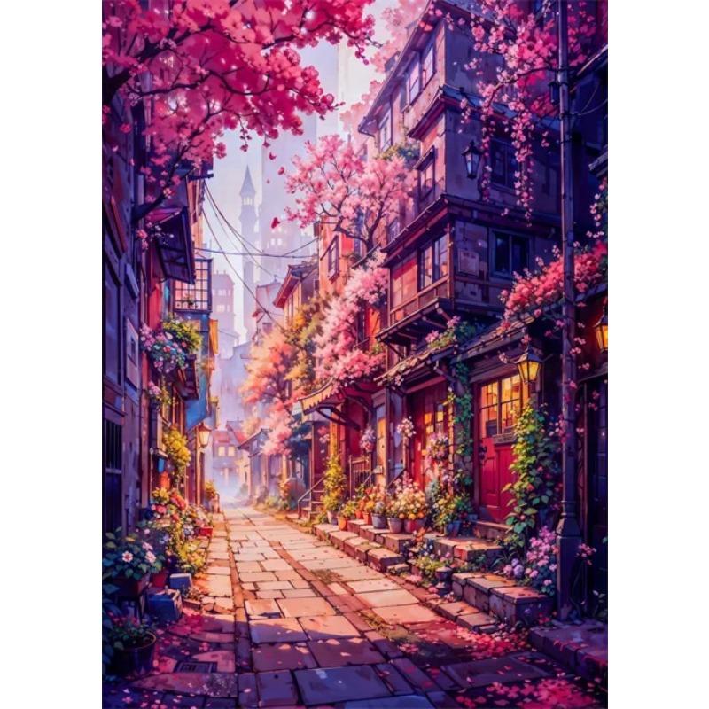 Japanese Street Scenery Cherry Blossom Architecture Canvas Poster Flowers Plants Landscape Wall Art Prints for Modern Home Decor