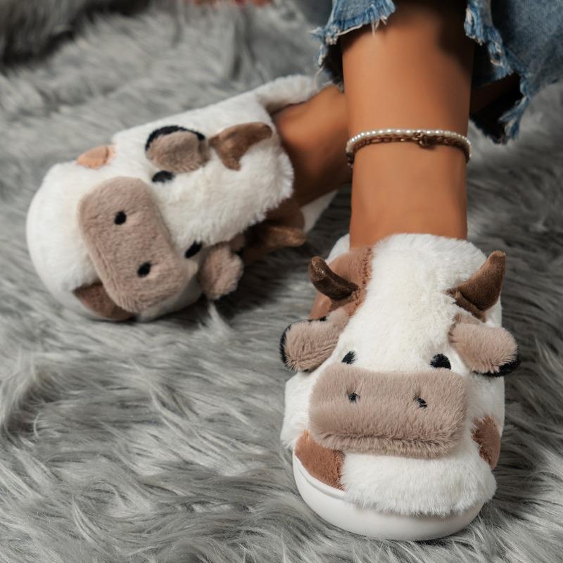 Fashion Cute Cartoon Cow Pattern Women's Cotton Slippers 2025 Winter Plush Warm and Comfortable Indoor Outdoor Baotou Slippers Zapatos
