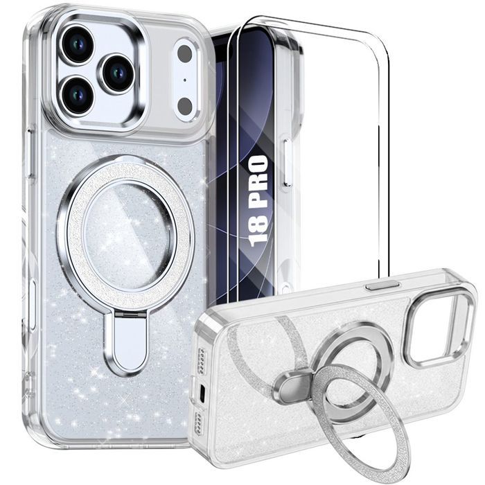 Coque + 2 Verres Trempés pour iPhone 18 Pro, Antichoc PC Silicone avec Cercle Magnétique - Argenté