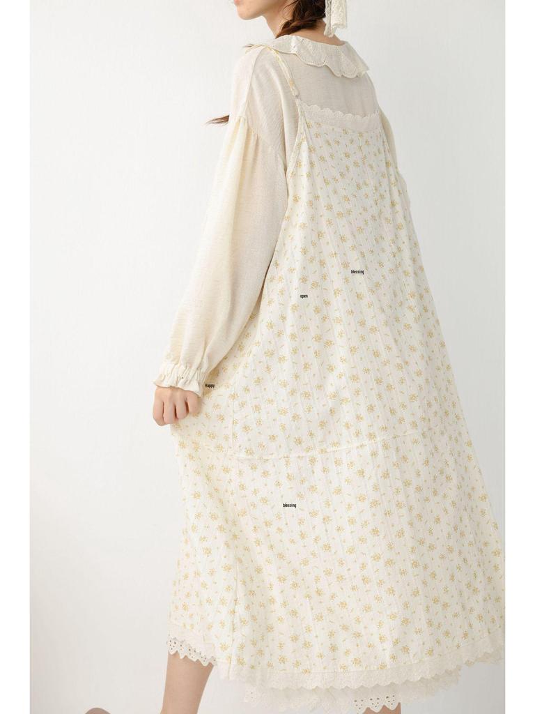 Spring/Summer 2026 Floral Print Spaghetti Strap Midi Dress - Sweet Mori Style with Lace Patchwork